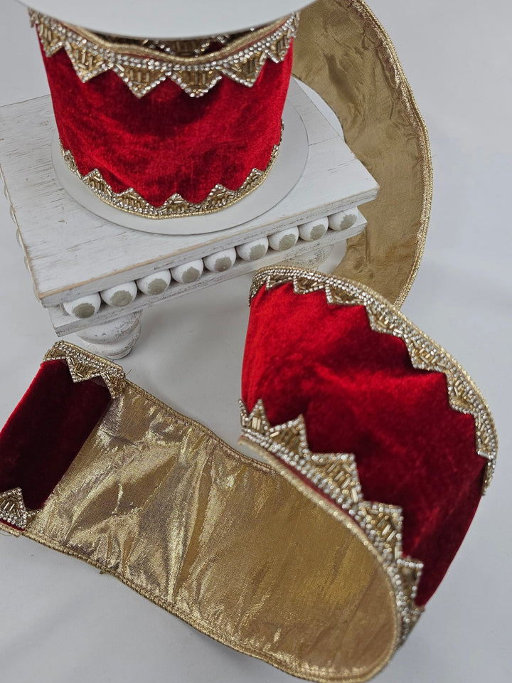 Sheldon Velvet Jewel Trim Metallic Dupioni Ribbon - 4" - Greenery MarketXR584/4R