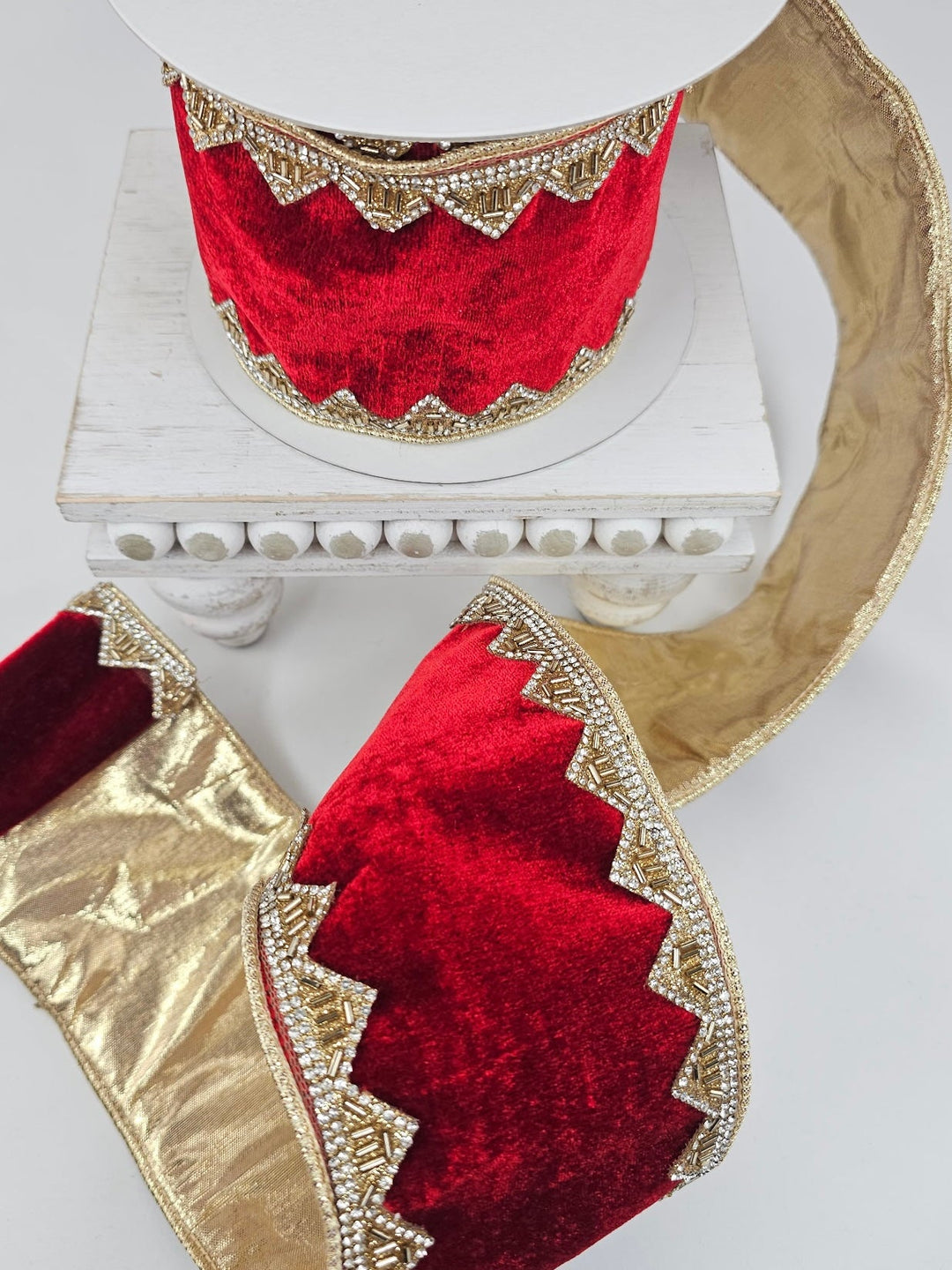 Sheldon Velvet Jewel Trim Metallic Dupioni Ribbon - 4" - Greenery MarketXR584/4R