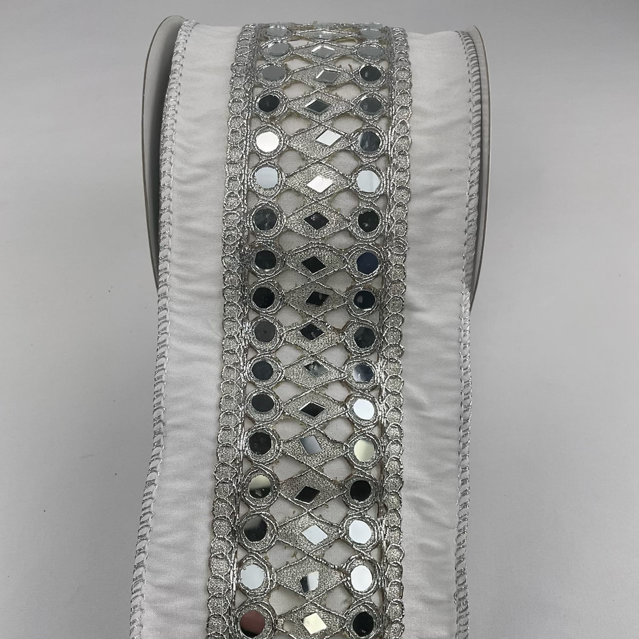 Silver and white mirror trim wired ribbon 4” - Greenery Market