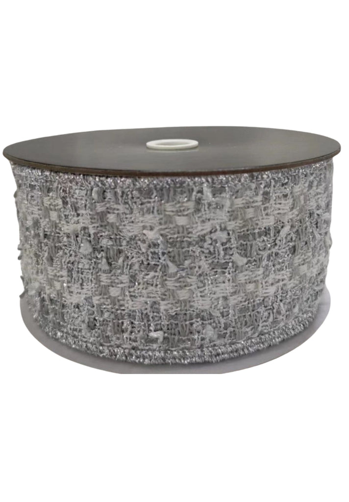 Silver and white tweed wired ribbon 2.5” - Greenery Market