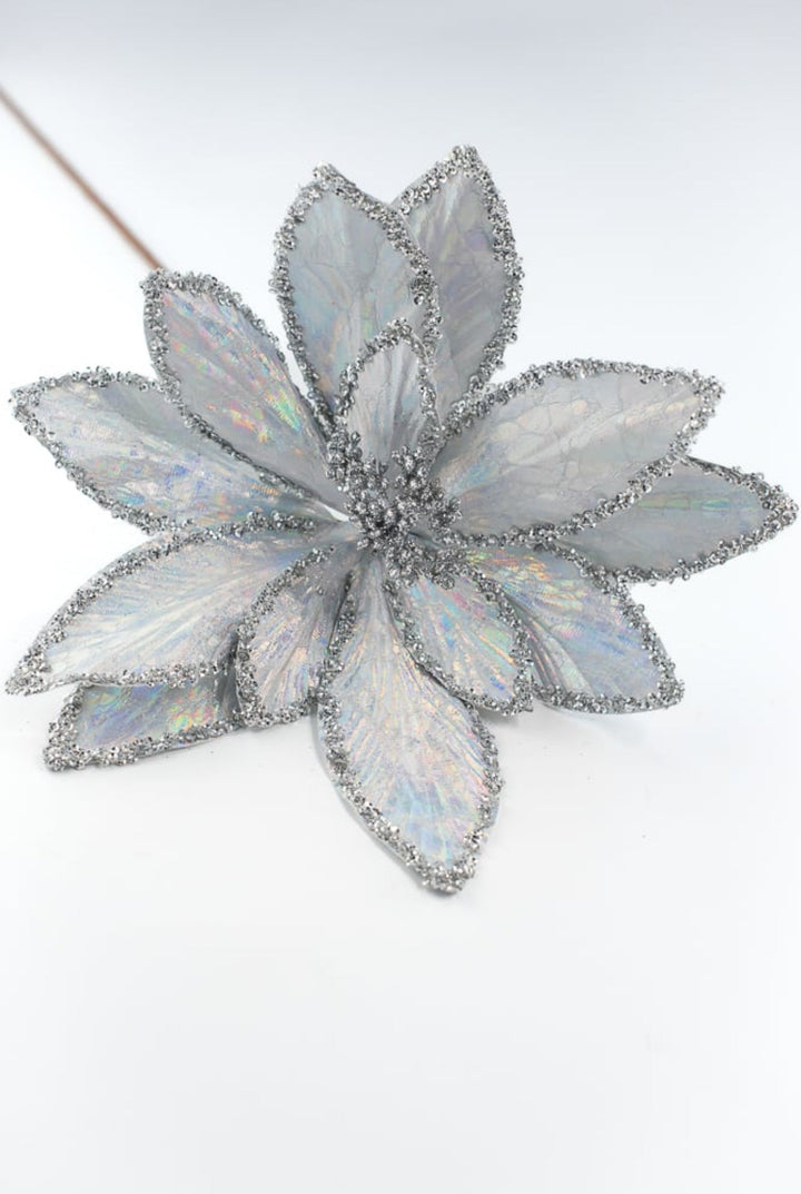 Silver glitter and sequins edge poinsettia stem - Greenery MarketWinter and Christmas86070SV