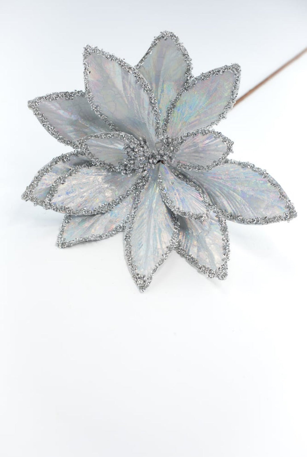 Silver glitter and sequins edge poinsettia stem - Greenery MarketWinter and Christmas86070SV