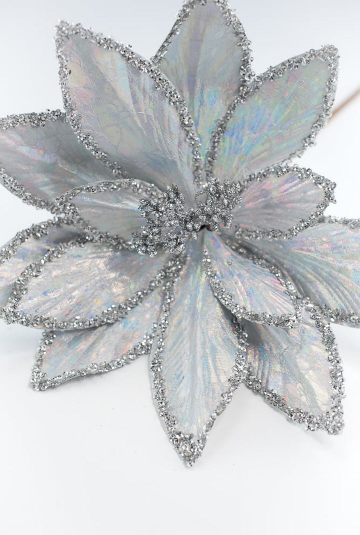 Silver glitter and sequins edge poinsettia stem - Greenery MarketWinter and Christmas86070SV