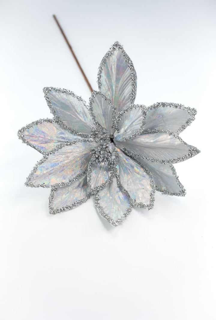 Silver glitter and sequins edge poinsettia stem - Greenery MarketWinter and Christmas86070SV