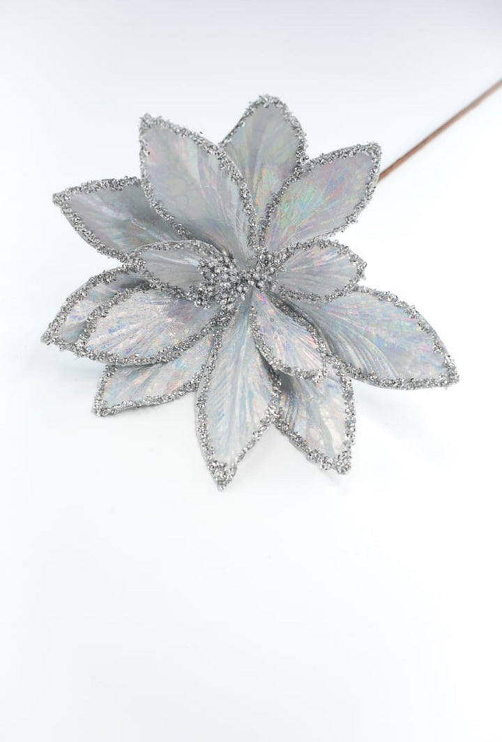 Silver glitter and sequins edge poinsettia stem - Greenery MarketWinter and Christmas86070SV