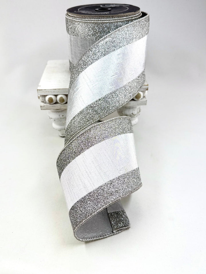 Silver Glitter Candy Farrisilk Wired Ribbon - 4" - Greenery MarketRibbons & TrimRG435-53