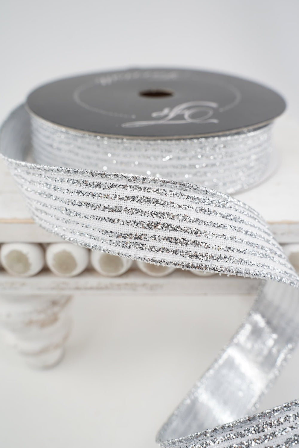 Silver glitter stripe 1” farrisilk wired ribbon - Greenery MarketRibbons & TrimRS161-53