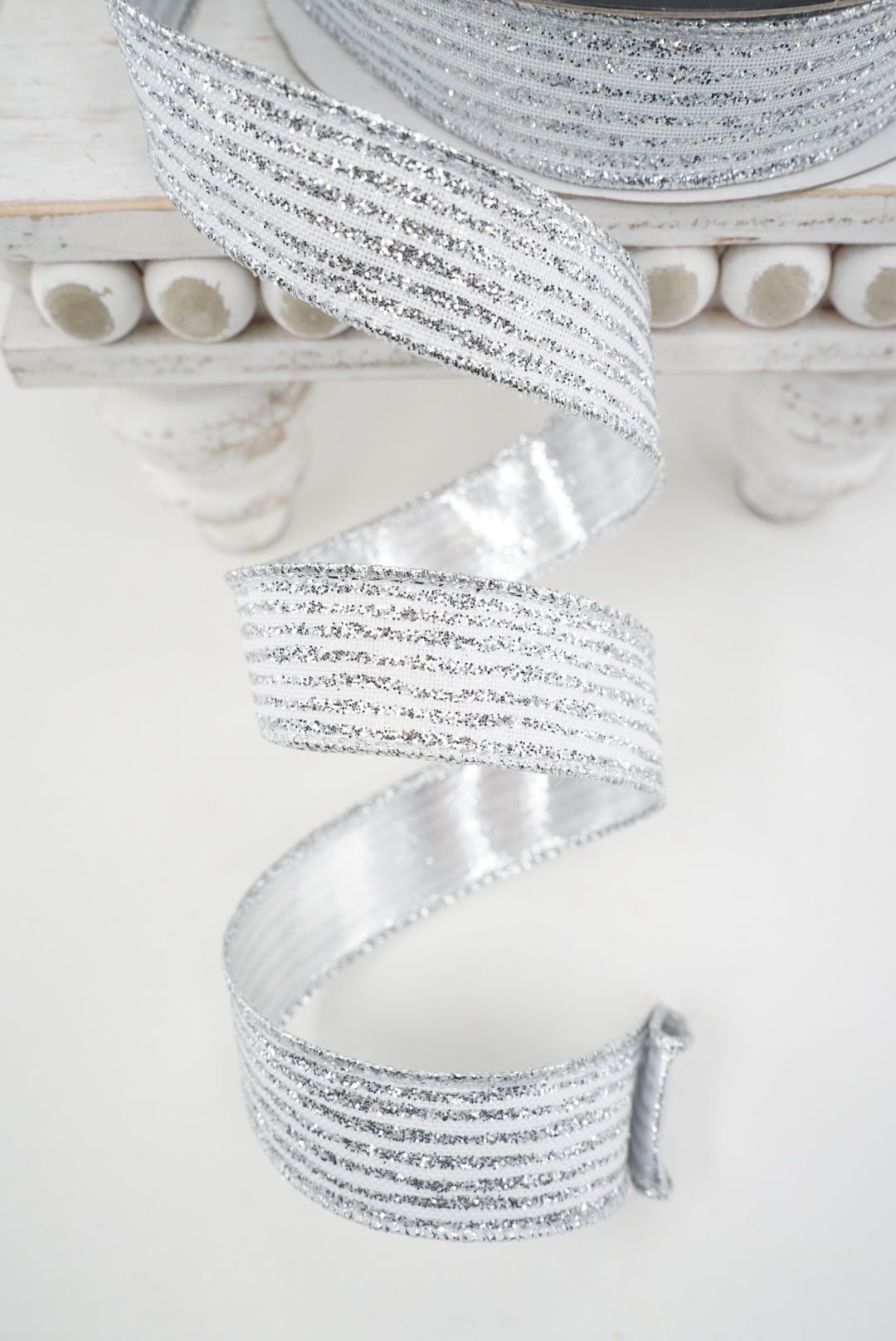 Silver glitter stripe 1” farrisilk wired ribbon - Greenery MarketRibbons & TrimRS161-53