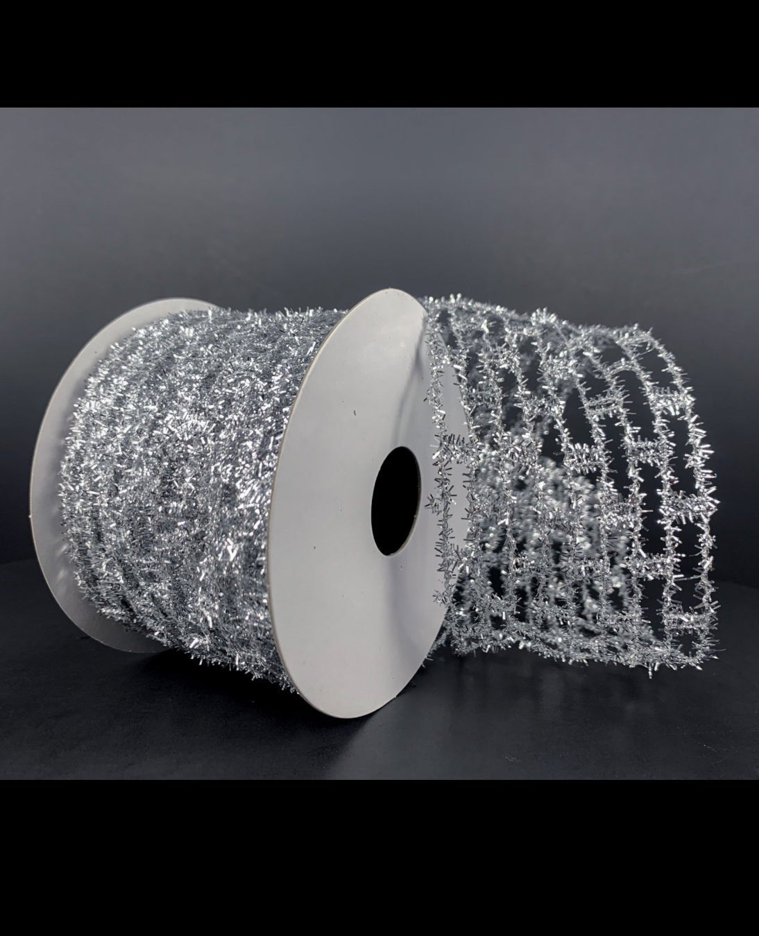 Silver tinsel expandable wired ribbon, 2.5