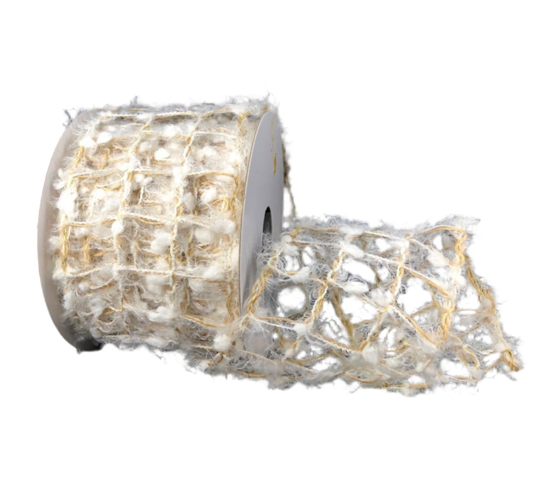 Snowy natural mesh wired ribbon 2.5” - Greenery Market