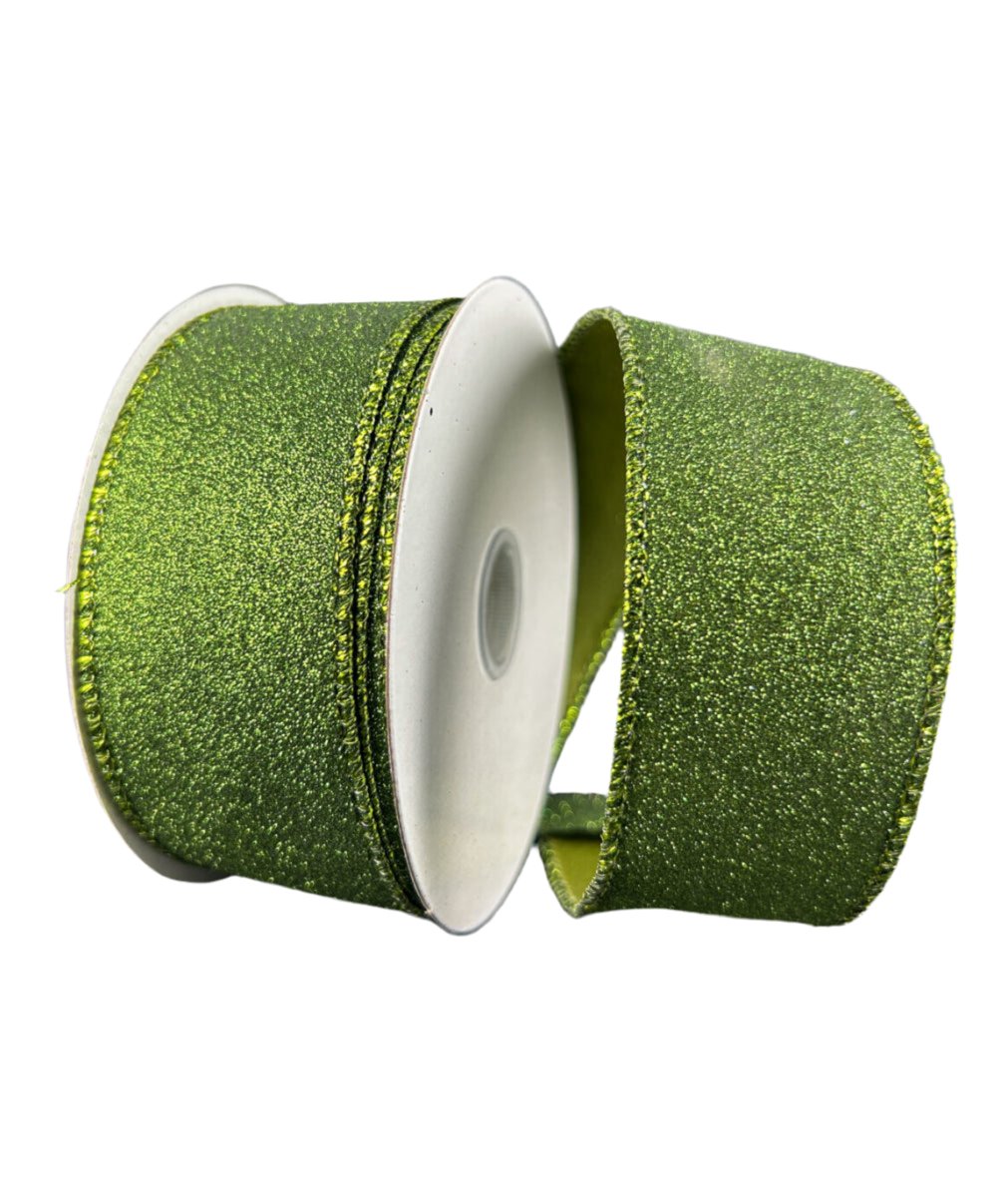 Solid, flat glitter, moss green wired ribbon 1.5” - Greenery MarketWired ribbonX820609 - 08