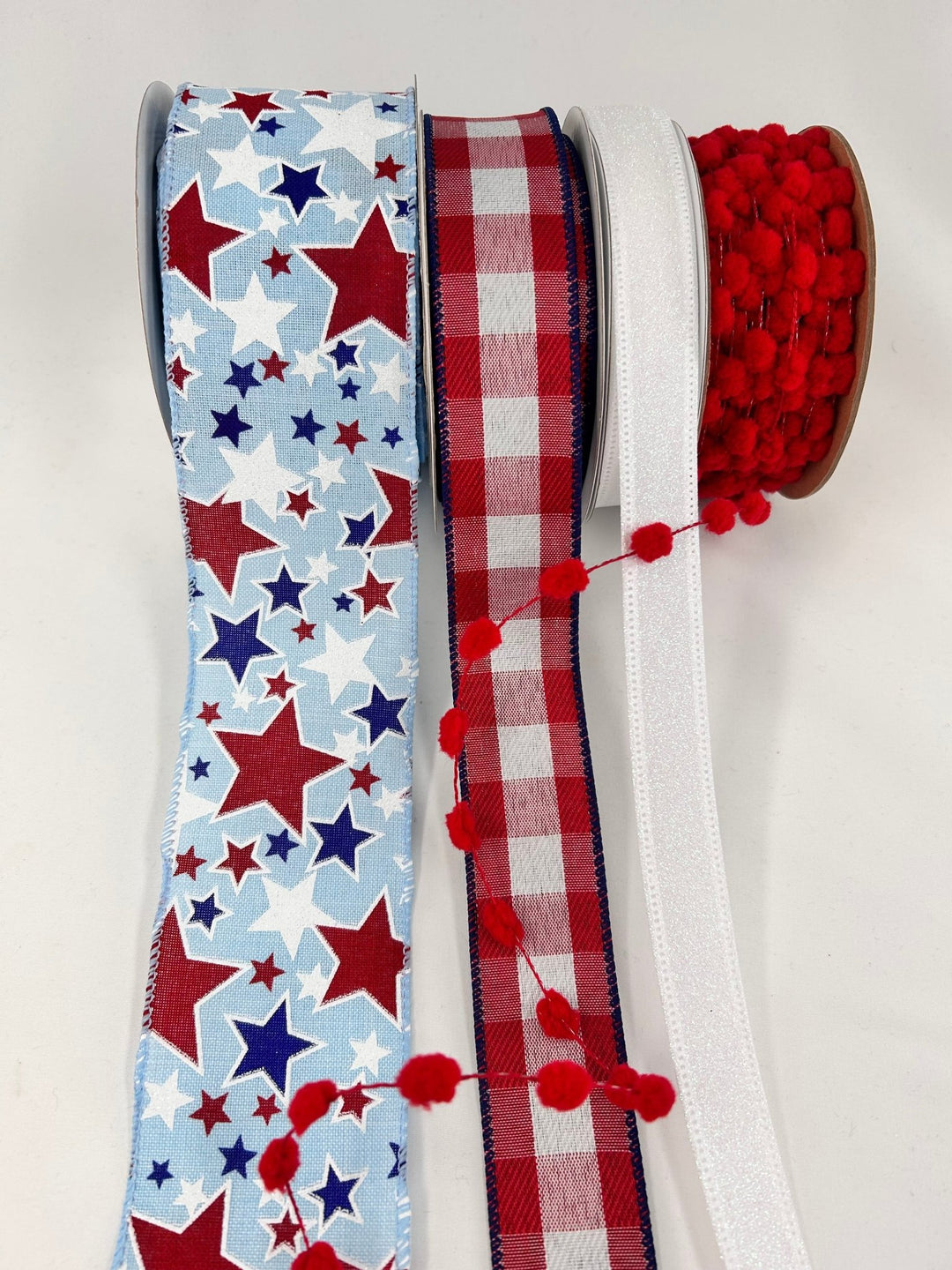 Stars Patriotic Bow Bundle x 4 Wired Ribbons - Greenery MarketWired ribbonStarsPompomX4