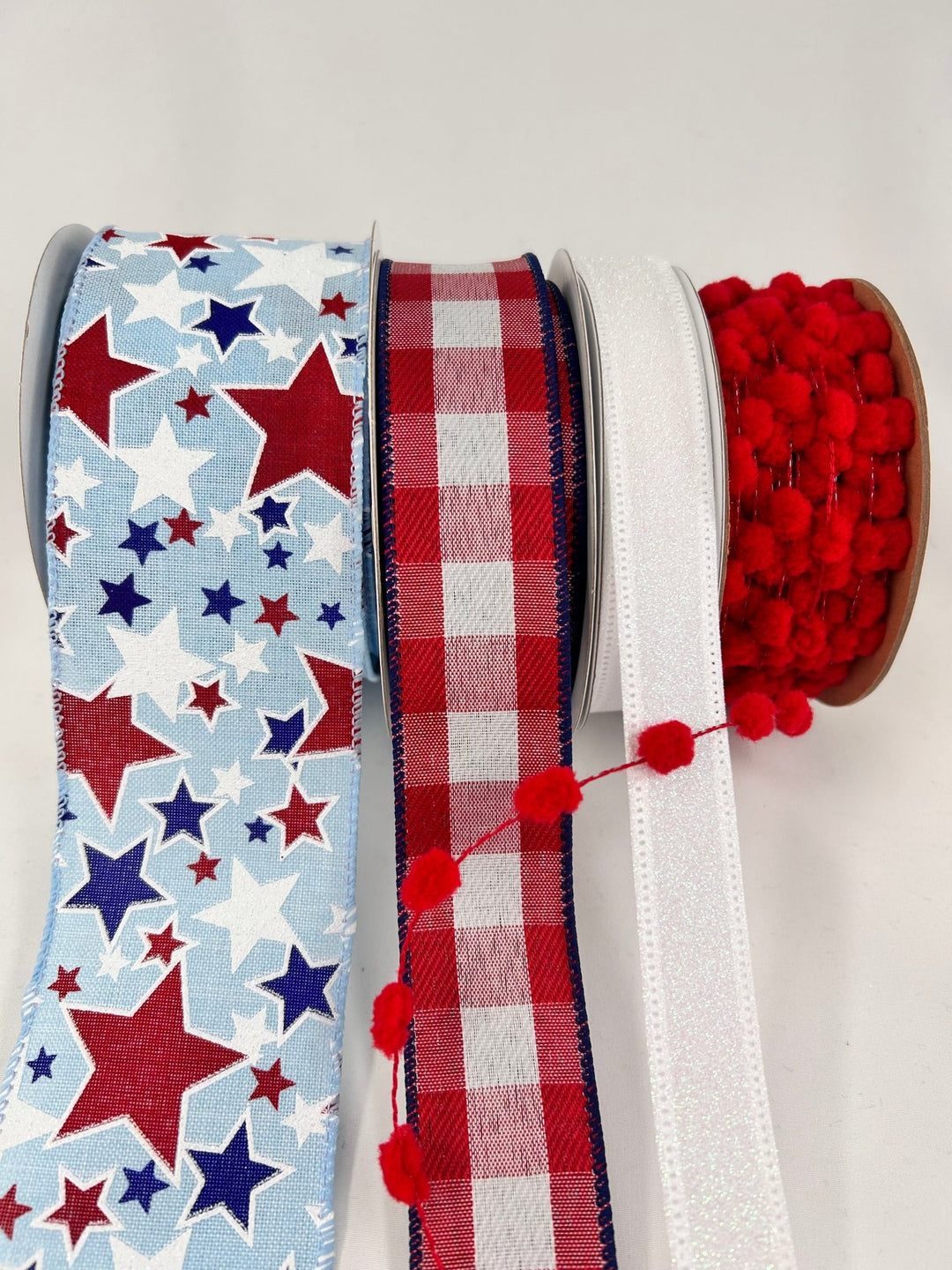 Stars Patriotic Bow Bundle x 4 Wired Ribbons - Greenery MarketWired ribbonStarsPompomX4