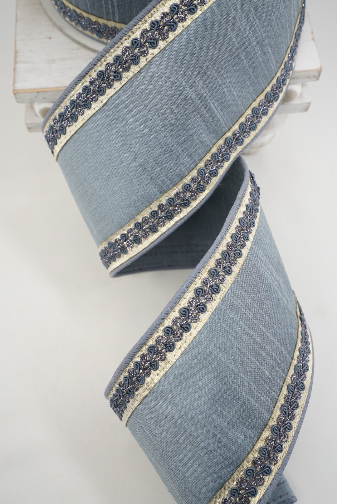 Steel Blue Vintage Scroll Farrisilk Wired Ribbon - 4" - Greenery MarketRK827-17