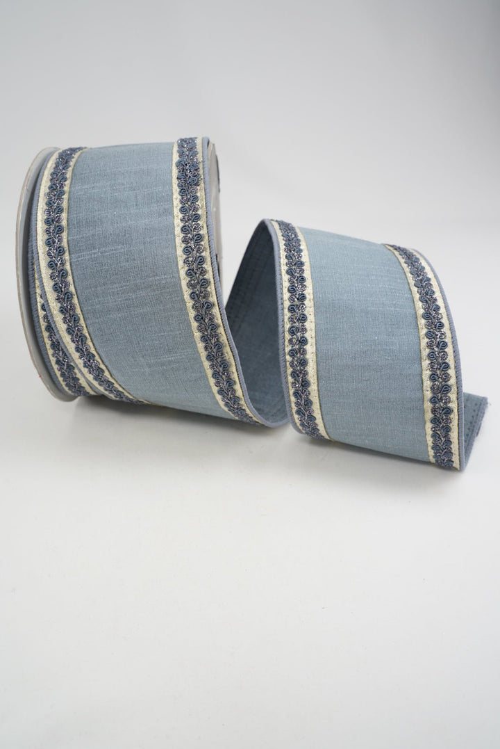 Steel Blue Vintage Scroll Farrisilk Wired Ribbon - 4" - Greenery MarketRK827-17