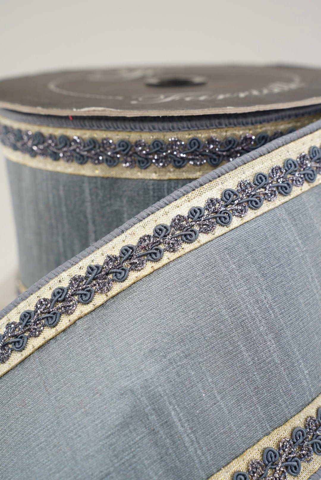 Steel Blue Vintage Scroll Farrisilk Wired Ribbon - 4" - Greenery MarketRK827-17