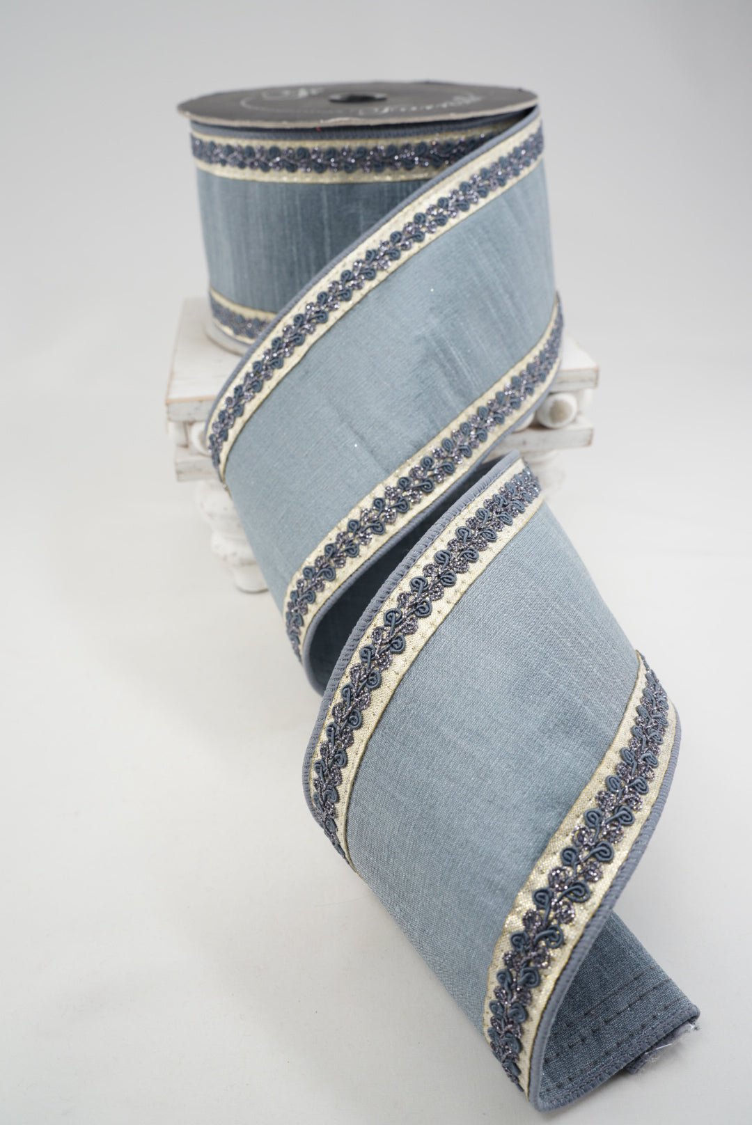 Steel Blue Vintage Scroll Farrisilk Wired Ribbon - 4" - Greenery MarketRK827-17