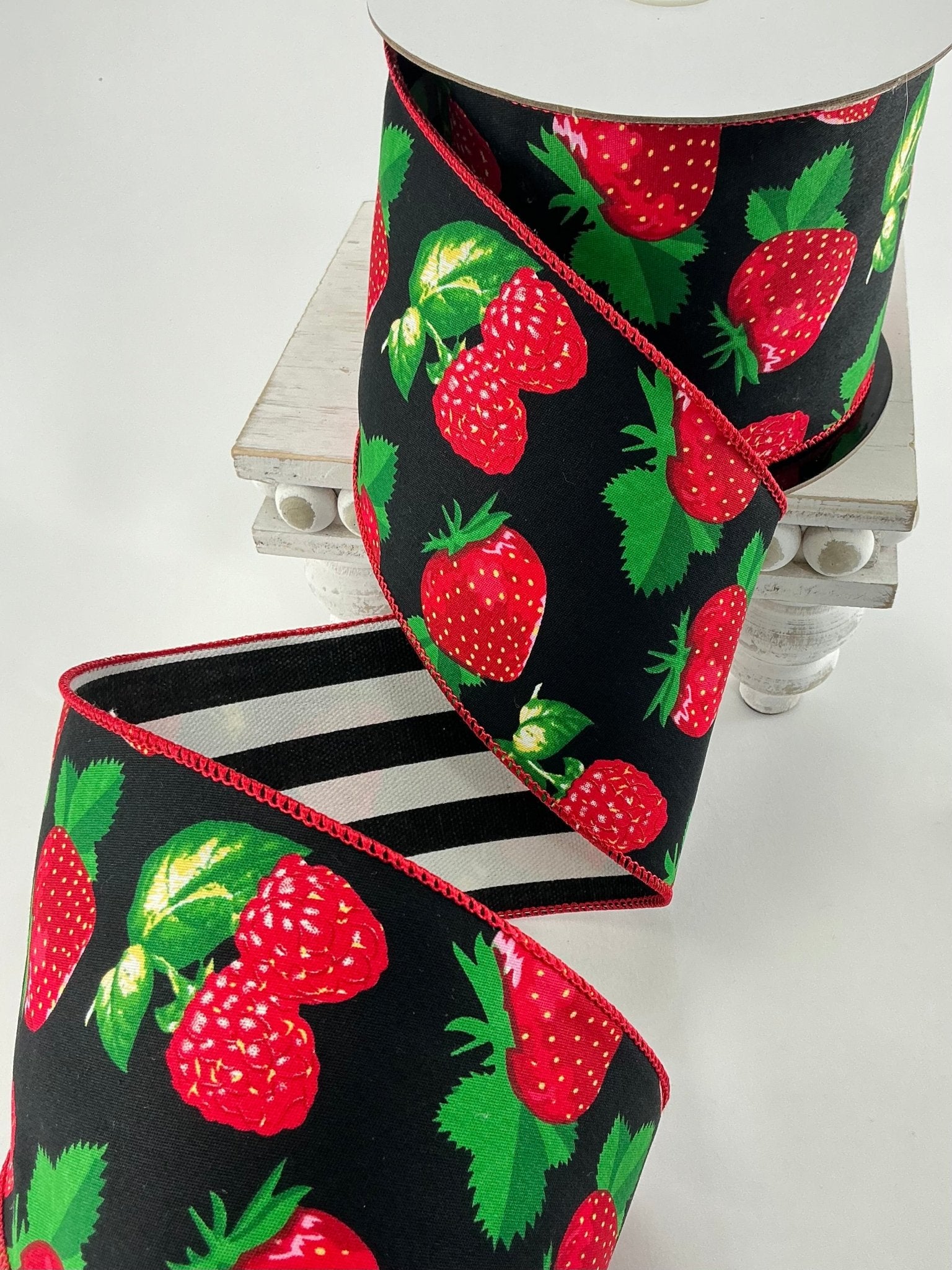 Strawberry 4” wired ribbon with black stripe backing - Greenery Market