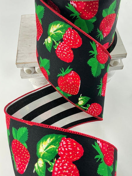 Strawberry 4” wired ribbon with black stripe backing - Greenery Market