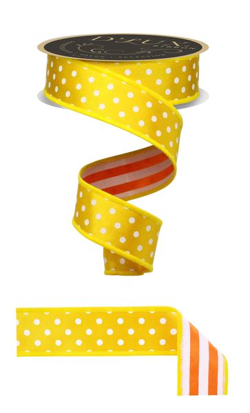Sun Yellow, White, & Orange Polka Dot & Stripe Fused Ribbonn - 1.5" - Greenery MarketLX3061J8