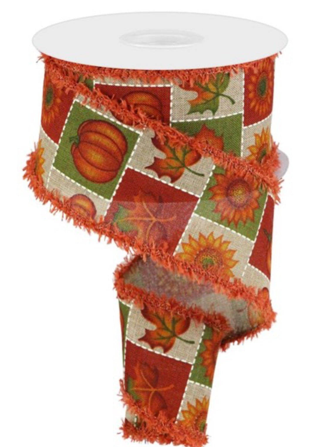 Sunflower and pumpkin block pattern ribbon with fluffy edge 2.5” - Greenery MarketWired ribbonRGA806801