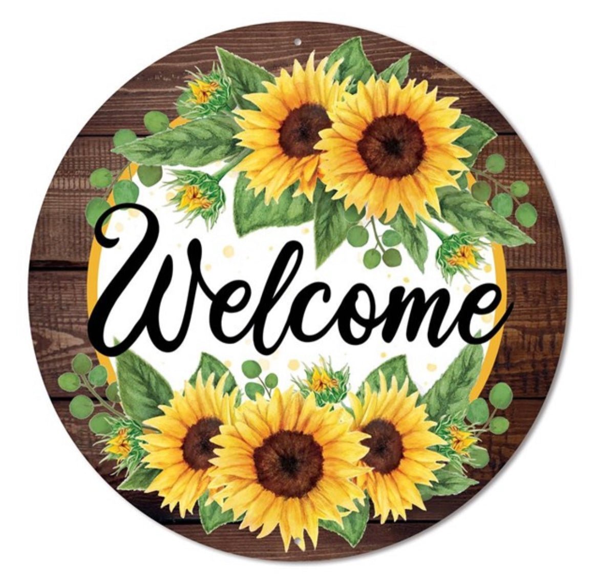 Sunflower and wood look metal welcome, round sign - Greenery MarketSeasonal & Holiday DecorationsMD0878
