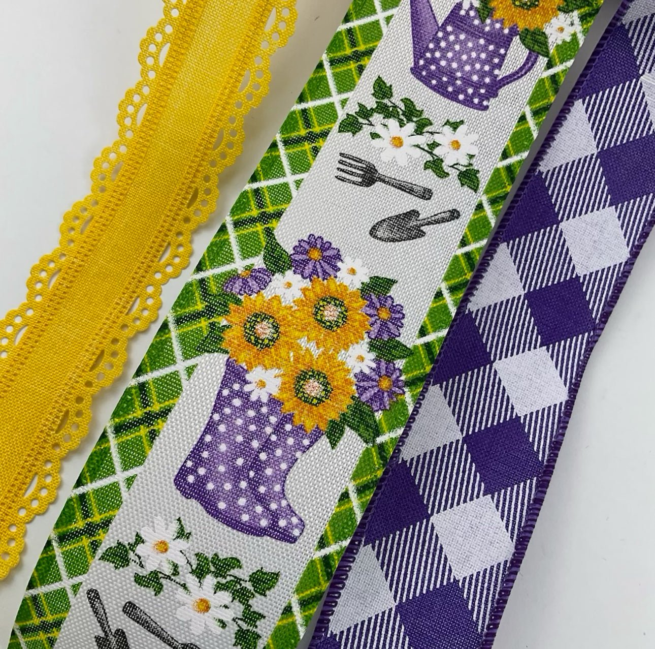 Sunflower with purple watering can bow bundle x 3 wired ribbons - Greenery MarketWired ribbon