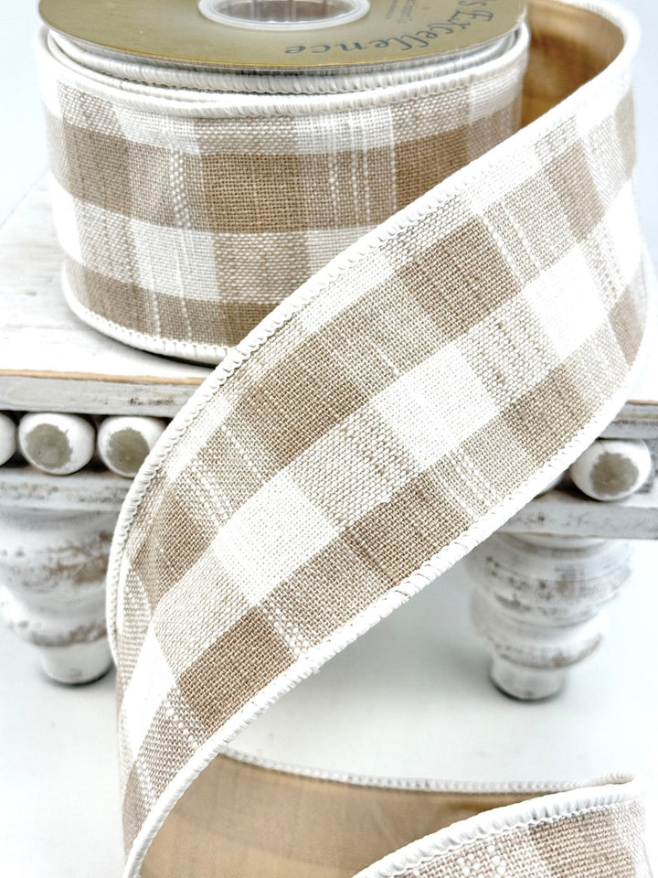Tan And White Cotton Checks Ribbon - Greenery Market249661