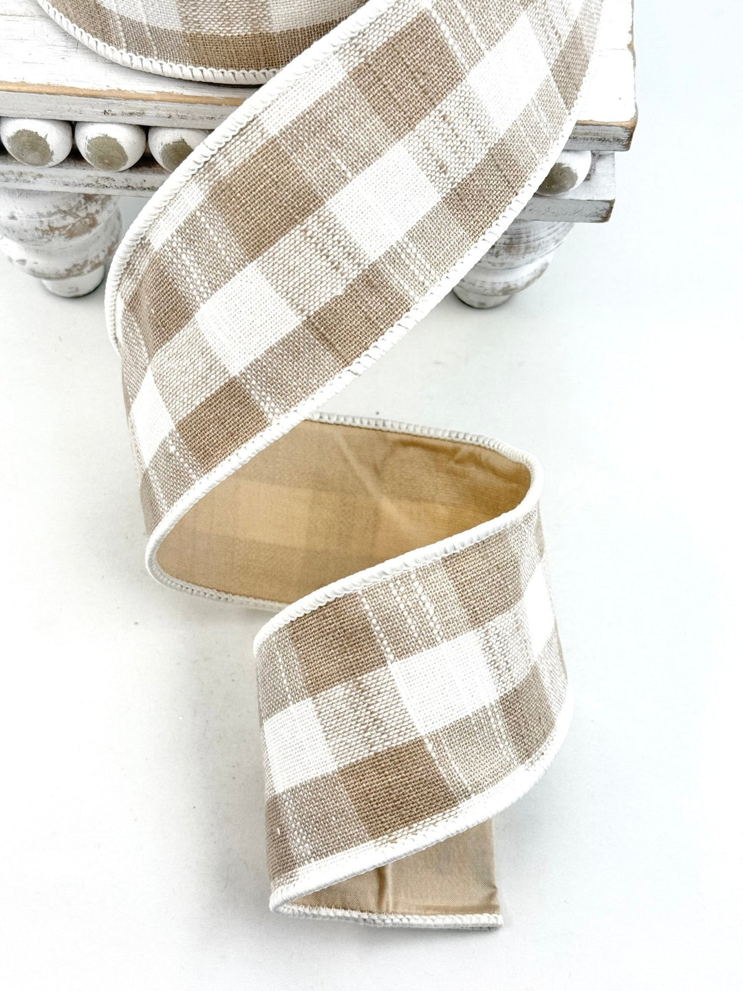 Tan And White Cotton Checks Ribbon - Greenery Market249661