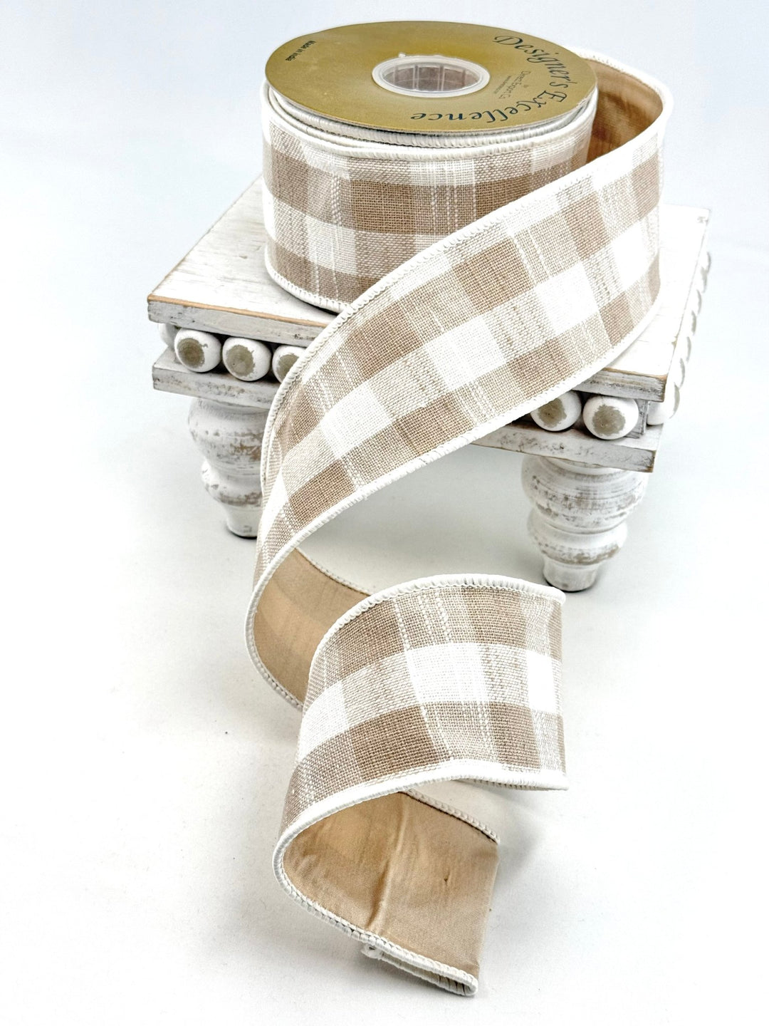 Tan And White Cotton Checks Ribbon - Greenery Market249661