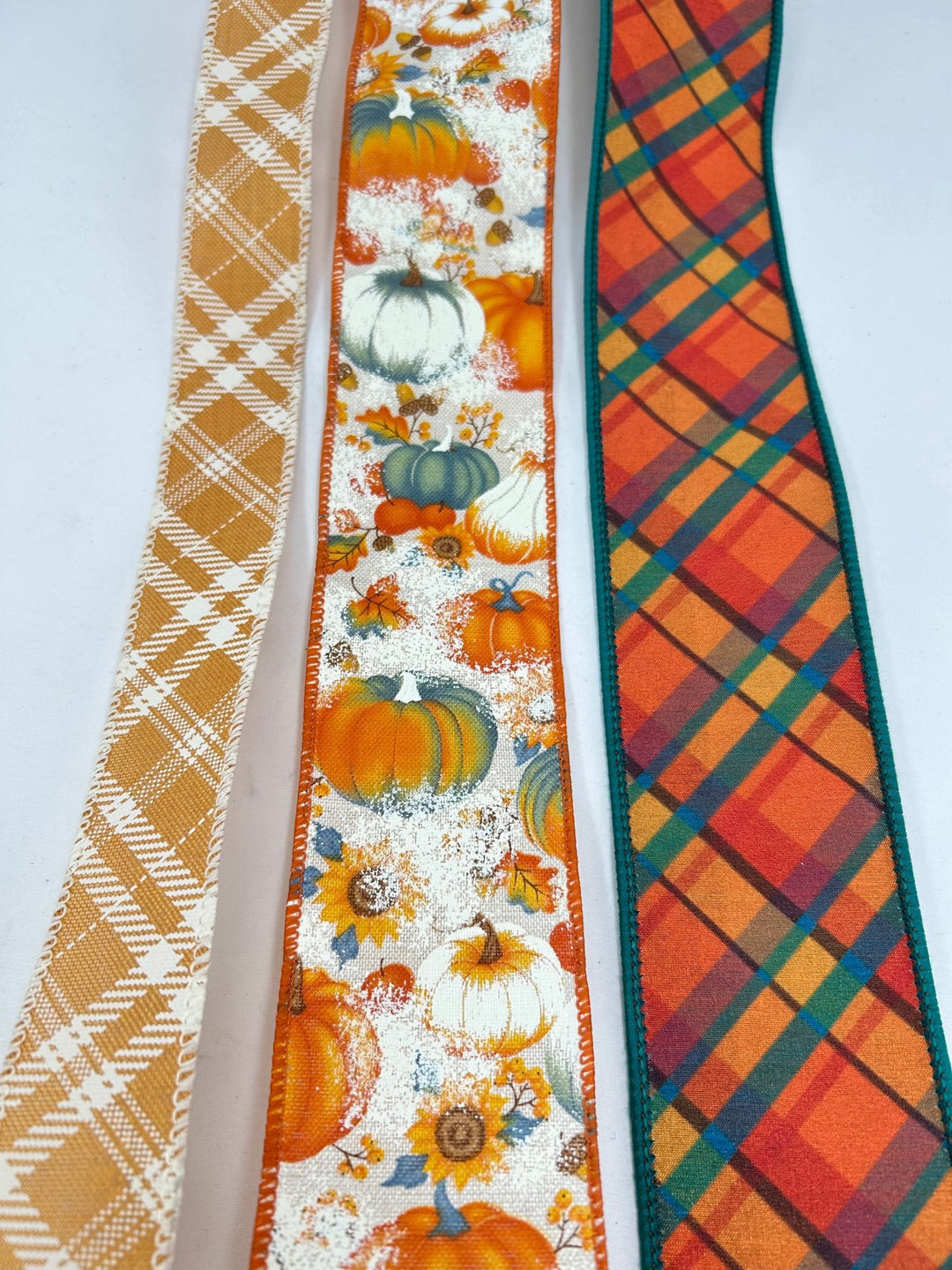 Teal And Mustard Plaid Pumpkin Bow Bundle x 3 Ribbons - Greenery MarketTealPlaidX3