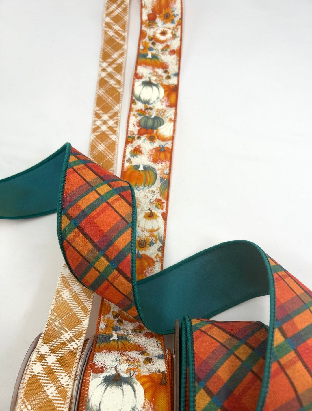 Teal And Mustard Plaid Pumpkin Bow Bundle x 3 Ribbons - Greenery MarketTealPlaidX3