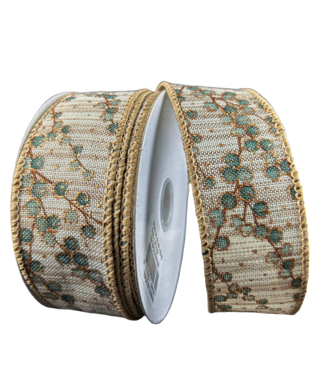 Textured teal berry branches wired ribbon, 1.5" - Greenery MarketWired ribbon61401 - 09 - 05