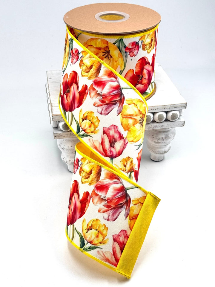 Tulips On White with Yellow Backing Wired Dupioni Ribbon - 4" - Greenery MarketWired Ribbon9349W-640-100E