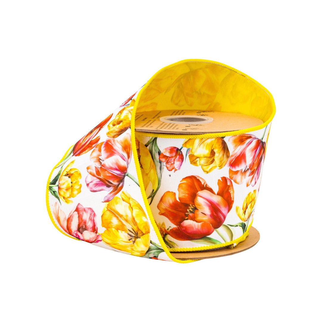 Tulips On White with Yellow Backing Wired Dupioni Ribbon - 4" - Greenery MarketWired Ribbon9349W-640-100E