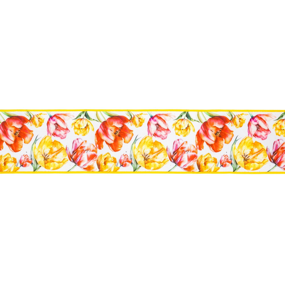 Tulips On White with Yellow Backing Wired Dupioni Ribbon - 4" - Greenery MarketWired Ribbon9349W-640-100E