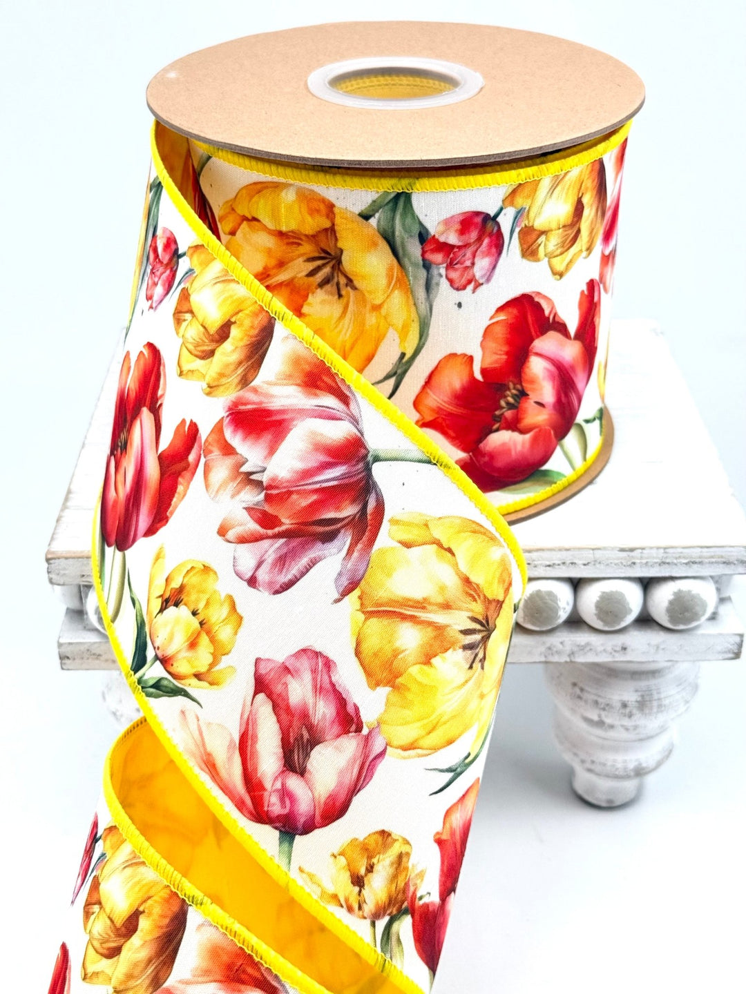 Tulips On White with Yellow Backing Wired Dupioni Ribbon - 4" - Greenery MarketWired Ribbon9349W-640-100E