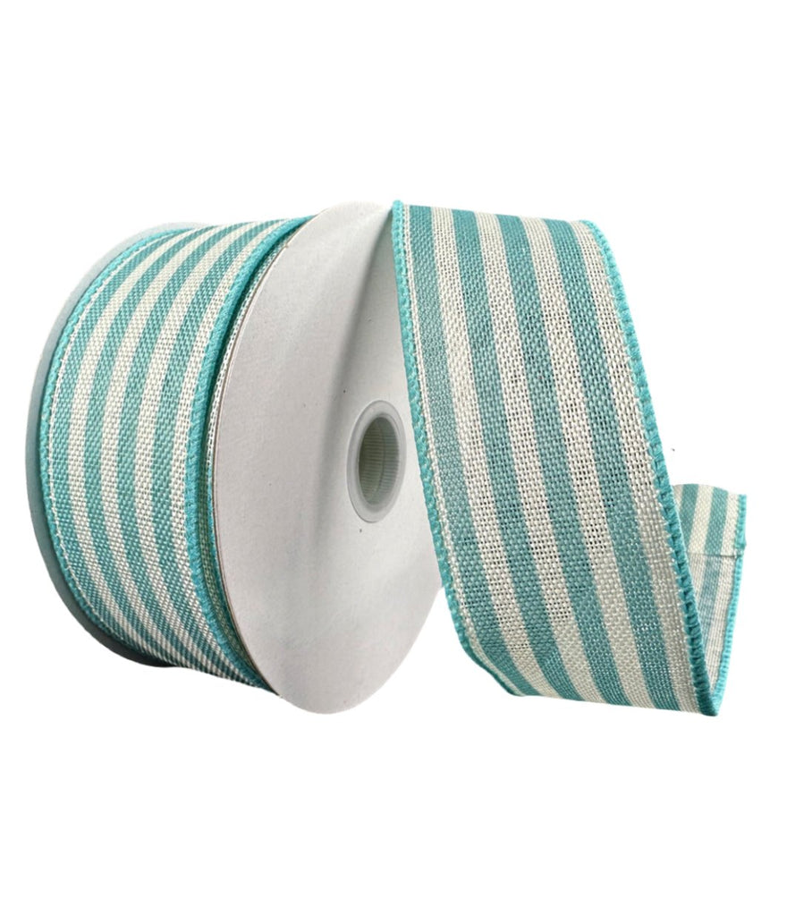 Turquoise and ivory cabana striped wired ribbon, 1.5