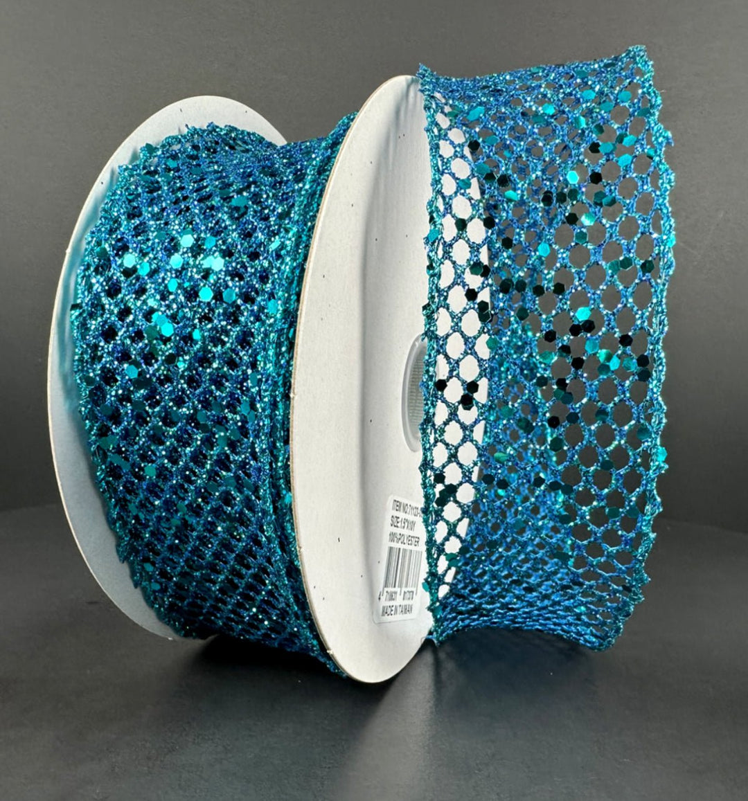 Turquoise glitter net wired ribbon, 1.5" - Greenery MarketWired ribbon71123 - 09 - 33