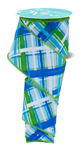 Turquoise, Green, Blue, & White Diagonal Multi Width Plaid Ribbon - 2.5" - Greenery MarketWired RibbonRGH1191A2