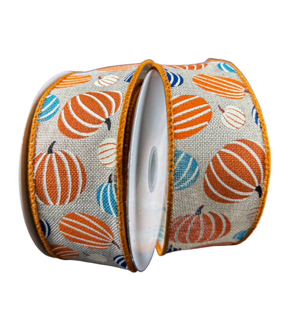 Turquoise, navy blue, and orange pumpkins wired ribbon, 1.5" - Greenery MarketWired ribbon61403 - 09 - 27