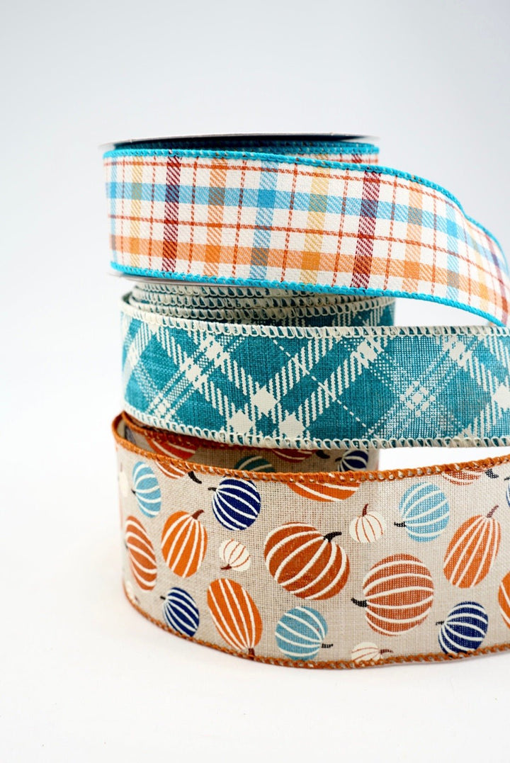 Turquoise Pumpkin And Plaid Bow Bundle x 3 Ribbons - Greenery MarketAquaPumpX3