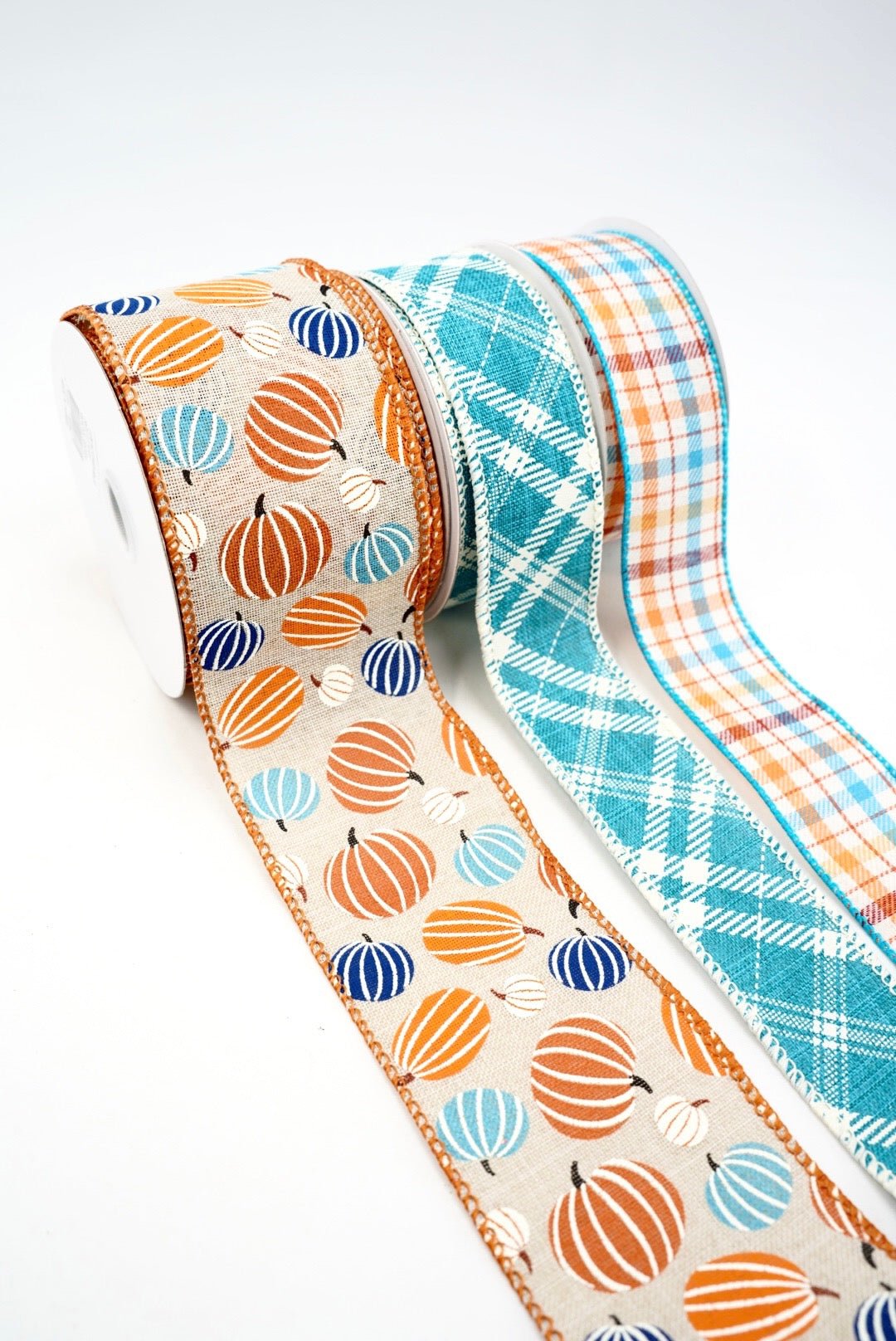 Turquoise Pumpkin And Plaid Bow Bundle x 3 Ribbons - Greenery MarketAquaPumpX3