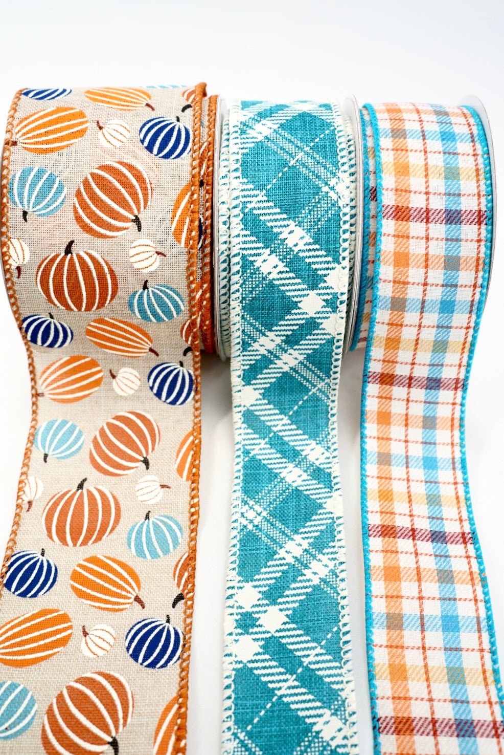 Turquoise Pumpkin And Plaid Bow Bundle x 3 Ribbons - Greenery MarketAquaPumpX3