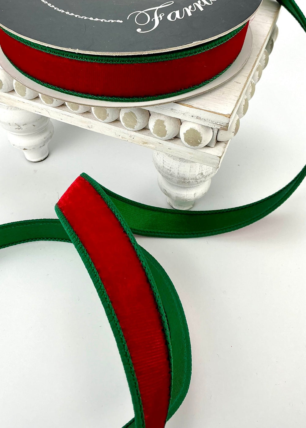 Two tone emerald green red plush velvet luster 1” farrisilk wired ribbon - Greenery MarketRibbons & Trimrk130 - 01