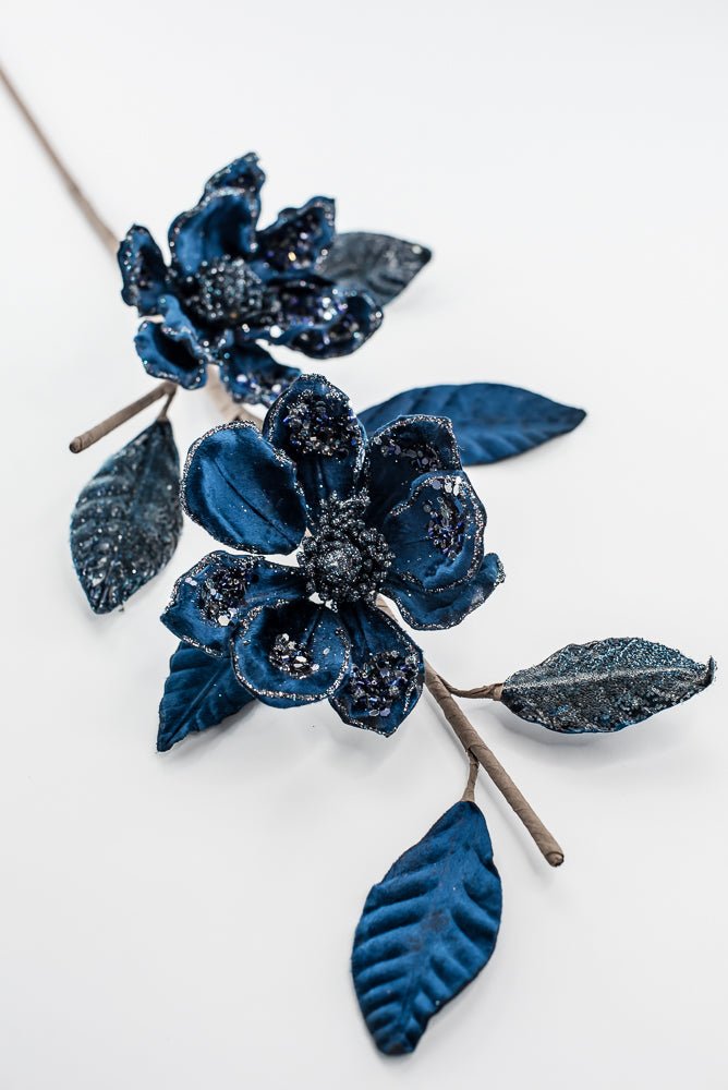 Velvet and jeweled magnolia spray - blue - Greenery Market229774