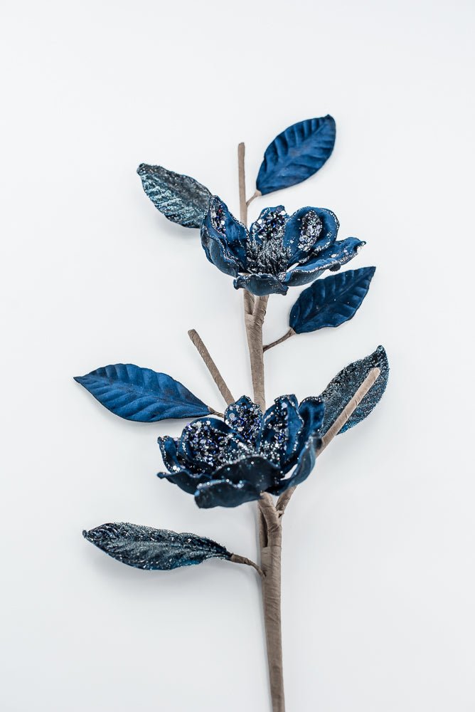 Velvet and jeweled magnolia spray - blue - Greenery Market229774