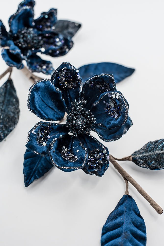 Velvet and jeweled magnolia spray - blue - Greenery Market229774