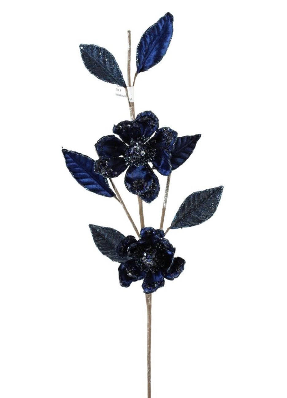 Velvet and jeweled magnolia spray - blue - Greenery Market229774