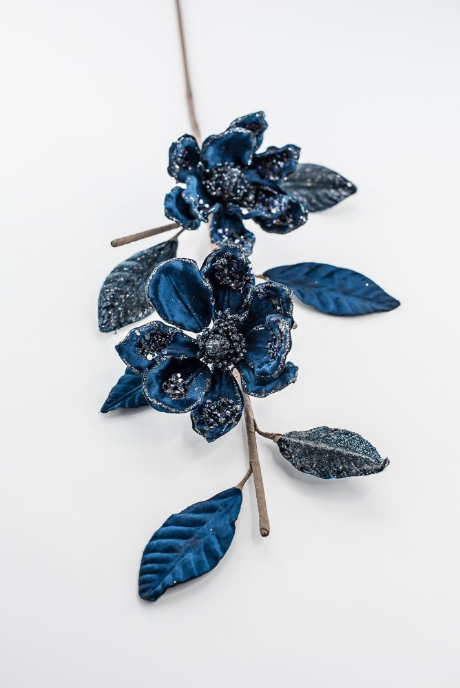 Velvet and jeweled magnolia spray - blue - Greenery Market229774